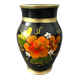 Vaza ceramica neagra, pictata manual, flori portocalii, detalii aurii, handmade, decorativa, 20 cm inaltime