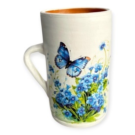 Vaza decorativa alba tip carafa cu maner 20 cm pentru flori, lucrata manual, Marginea, Ceramica Martinescu, decor camp de flori albastre si fluturas - Img 2