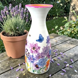 Vaza din ceramica alba de marginea, 25 cm, decorata cu flori multicolore si fluturi – model floral lavanda, autentica - Img 2