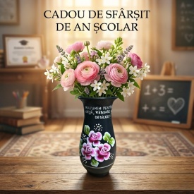 Vaza din ceramica neagra, pictata manual, cadou sfarsit de an scolar pentru invatatoare, diriginta, 25 cm - Img 2