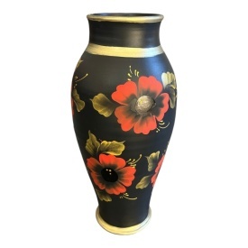 Vaza mare neagra, 40 cm, pictata manual cu maci rosii, detalii aurii, ceramica, handmade, vaza decorativa pentru flori, decor elegant