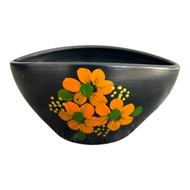 Bol negru, decorativ, din ceramica, pictat manual cu flori portocalii – vas ceramic pentru decor interior, 18x9 cm