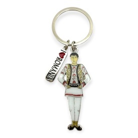 Breloc metal I love România – bărbat în port tradițional, cadou gata ambalat