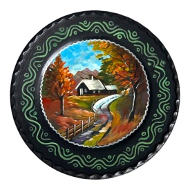 Farfurie decorativa ceramica de perete handmade pictata manual, peisaj rustic de toamna, 24 cm