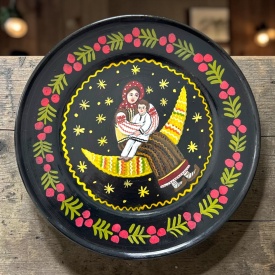 Farfurie Decorativa Ceramica Neagra Marginea - Pictata Manual "Mama si Copilul pe Semiluna", 24 cm - Img 2