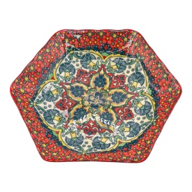 Platou din ceramica, rosu, forma hexagonala, pentru servire, aperitive, 20 cm