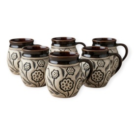 Set 6 cani din ceramica traditionala, model floral gri, glazurate, 8 cm, pentru ceai, apa sau vin