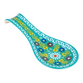 Suport de lingura din ceramica, turcoaz, lucrat si pictat manual, model floral traditional, suport ustensile bucatarie, 24x9,5 cm