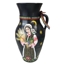 Ulcior ceramic decorativ pictat manual, Sporul Casei cu taranca si spice de grau, Romania, 30 cm - Img 2