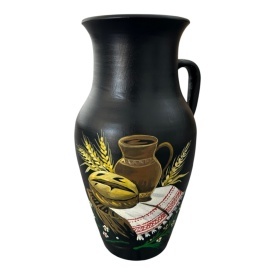 Ulcior ceramic negru, pictat manual, model traditional romanesc, paine, ulcior, spice de grau, stergar, handmade, decor rustic, cadou premium, 30 cm