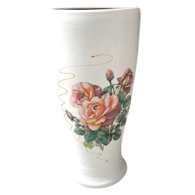 Vază ceramică albă cu buchet de trandafiri și detaliu aurit, 30 cm, Marginea