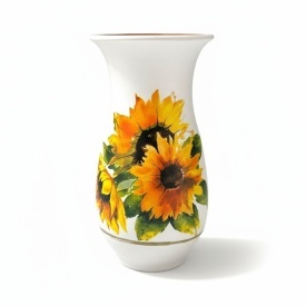 Vază ceramică albă cu floarea-soarelui și detalii aurii, lucrată manual la Marginea, 25 cm