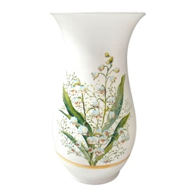 Vază ceramică albă cu flori și detalii aurii, lucrată manual la Marginea, 25 cm