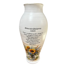 Vaza ceramica alba, mare, inalta, Binecuvantarea Casei, pentru flori, decorata manual, cadou casa noua, 44 cm