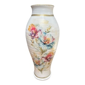 Vaza ceramica alba, mare, inalta, decorata manual, flori multicolore, detalii aurii, pentru flori, decor living, cadou elegant, 42 cm
