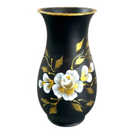 Vaza ceramica neagra 25 cm pictata manual - vaza flori cu trandafir alb si frunze aurii
