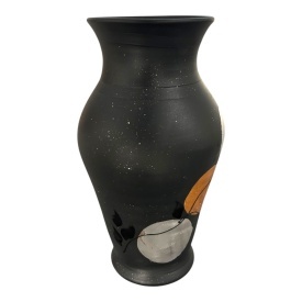 Vaza ceramica neagra 30 cm decorata manual la Marginea cu foita de aur si bronz, frunze negre – design rafinat, piesa unica decorativa - Img 2