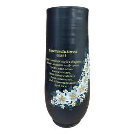 Vaza ceramica neagra, mare, inalta, Binecuvantarea Casei, flori albe, pictata manual, pentru flori, decor living, 44 cm