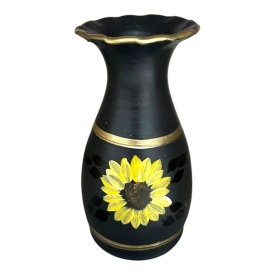 Vaza ceramica neagra pictata cu floarea-soarelui 20 cm – Obiect decorativ elegant cu detalii aurii