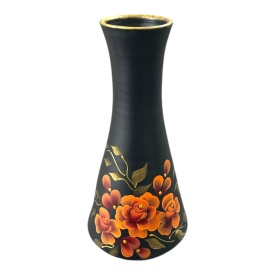 Vaza din ceramica neagra de marginea, 25 cm, pictata manual cu flori portocalii – model evazat, autentica