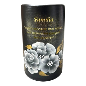 Vaza tip cilindru, mesaj despre familie, neagra, pictata manual