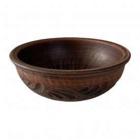 Castronel din ceramica maro din lut natural, lucrat manual, model sculptat rustic, 15 cm, pentru servire si decor