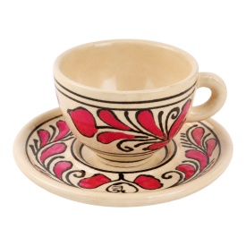 Ceasca cu farfurie cafea cappuccino espresso pictata manual, model rosu traditional, 100 ml