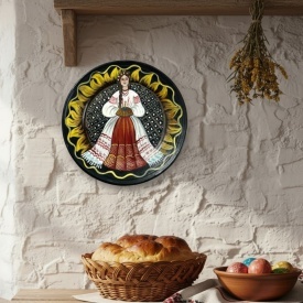 Farfurie decorativa din ceramica pictata manual - model traditional,fata cu paine si sare, 24 cm, - Img 3