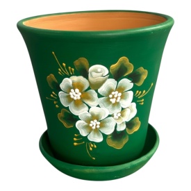 Ghiveci ceramic verde pictat manual cu flori albe si drenaj – ghiveci decorativ pentru plante interior exterior 15 cm