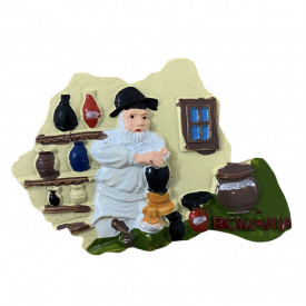 Magnet de frigider din ceramica, Romania, olar care lucreaza la roata, traditional, 8cm