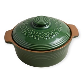 Oala de lut pentru sarmale 4L, smaltuita, ceramica verde cu capac, lucrata manual, gatit traditional la cuptor