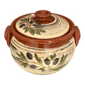 Oală de lut pentru sarmale cu capac – ceramică pictată cu măsline, 4litri