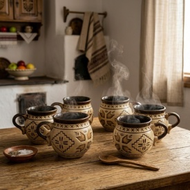 Set 6 cani din ceramica traditionala, 180 ml, pentru ceai, apa sau vin