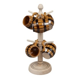 Set 6 cani pentru tuica cu suport din lemn,ceramica traditionala, lucrata manual