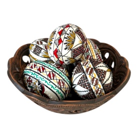 Set decorativ traditional cu bol ceramic perforat si 5 oua incondeiate Bucovina – handmade autentic