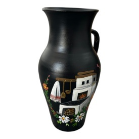 Ulcior ceramic negru, pictat manual, model soba traditionala, decor rustic romanesc, handmade, ulcior decorativ pentru casa, colectie, cadou premium, 30 cm - Img 3