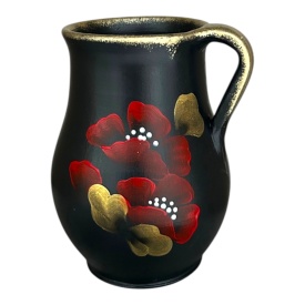 Ulcior decorativ negru cu maci pictati manual – Vaza eleganta din ceramica cu detalii aurii 17 cm