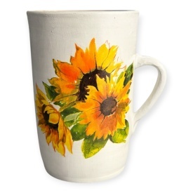 Vaza alba tip carafa 20 cm cu maner, decor buchet de floarea-soarelui, design elegant pentru casa