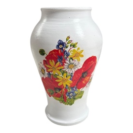 Vaza ceramica 20 cm, decorata manual cu buchet de maci, decor floral, artizanat