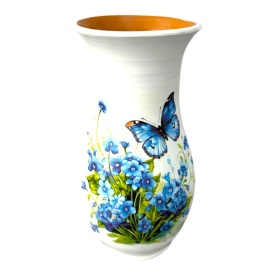 Vaza ceramica alba 25 cm decorata manual - vaza flori naturale si uscate model flori albastre si fluture