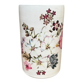 Vaza ceramica alba, cilindru, decorata manual, flori multicolore, pentru flori, decor masa, cadou elegant, 18 cm