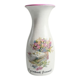Vaza ceramica alba decorata manual cu carti, buchet de flori si mesaj „O primavara frumoasa”, silueta eleganta cu gat subtire, 25 cm – vaza decorativa cadou de primavara