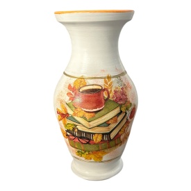 Vază ceramică cu tematică de toamnă – 25 cm | Cărți, cafea și culorile toamnei