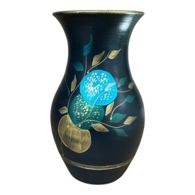 Vaza ceramica neagra, pictata manual, floarea soarelui, detalii aurii, pentru flori, decor living, 25 cm