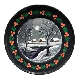 Farfurie Ceramica de Marginea pictată manual – Sat tradițional iarna, 24 cm