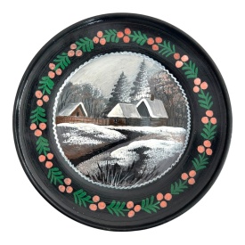 Farfurie decorativa ceramica neagra Marginea - Pictata manual cu peisaj de iarna si casute, 24 cm