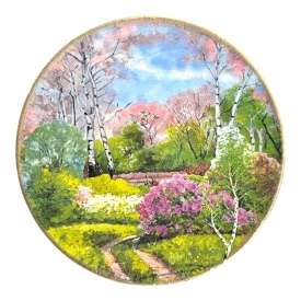Farfurie decorativa din ceramica, de perete, peisaj de primavara , lucrata manual, 16.5 cm