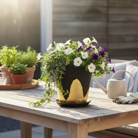 Ghiveci ceramic negru decorat cu foita de aur si drenaj – ghiveci elegant pentru plante interior exterior 15 cm - Img 3