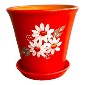 Ghiveci ceramic rosu pictat manual cu margarete albe si drenaj – ghiveci decorativ plante interior exterior 15 cm