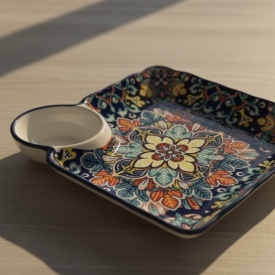 Platou din ceramica, albastru, pentru servire, sosiera integrata, 2in1, 19 cm - Img 3